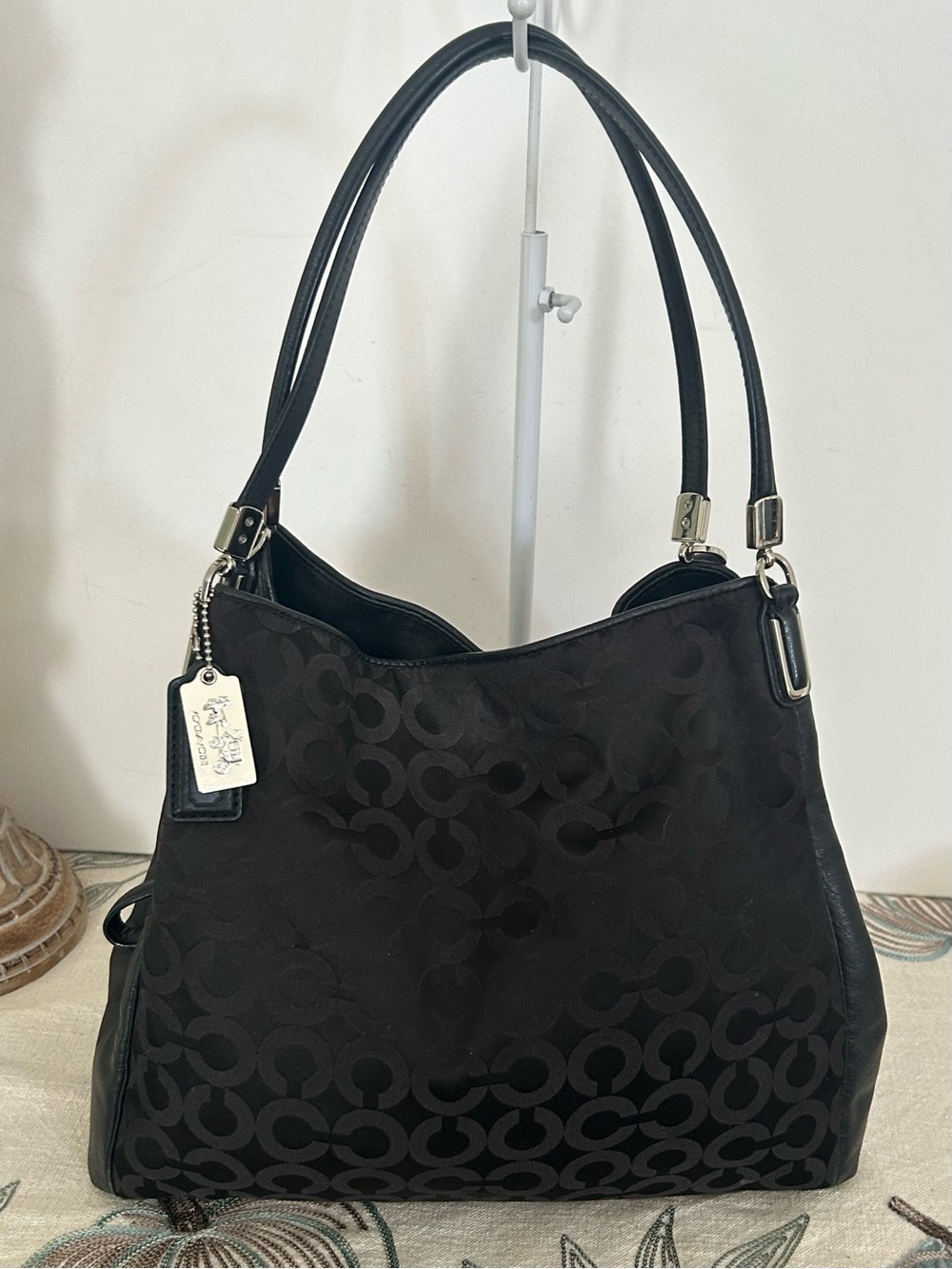 Coach Madison Op Art Black Signature C Jacquard Leather Trim Shoulder Hobo Tote - Picture 3 of 13